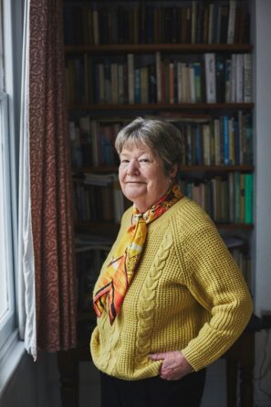 Anna Home looking out of a window, wearing a yellow sweater and orange silk scarf